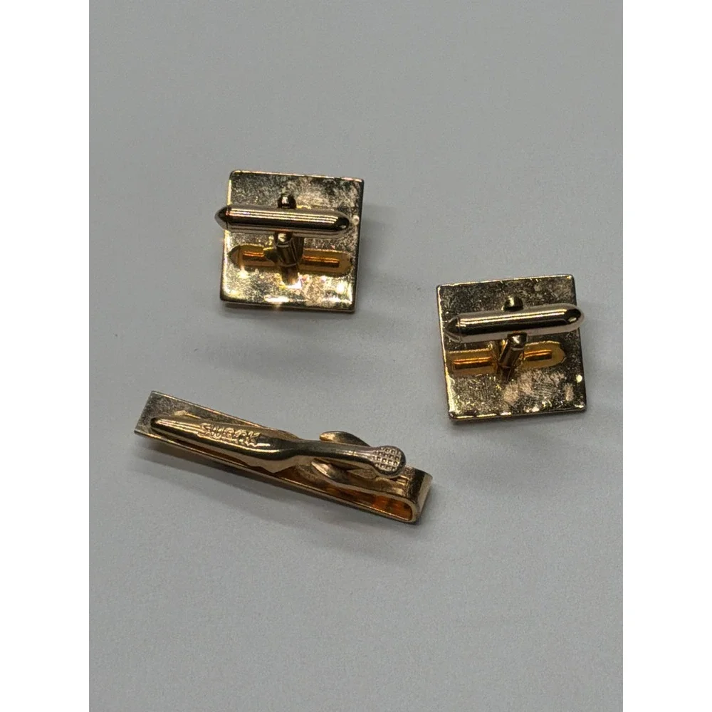 Swank Vintage‎ Mens Gold Tone Cufflinks and Tie Clip Set Red Stone MCM Square